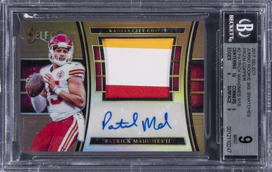 2017 Panini Select Copper Prizm Jumbo Patch Signatures #2 Patrick Mahomes Signed Patch Card (#14/15) - BGS MINT 9/BGS 10